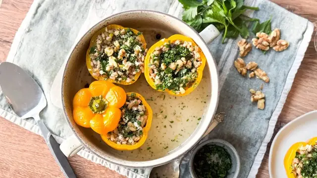 'Video thumbnail for Barley And Walnut-Stuffed Bell Peppers Recipe'
