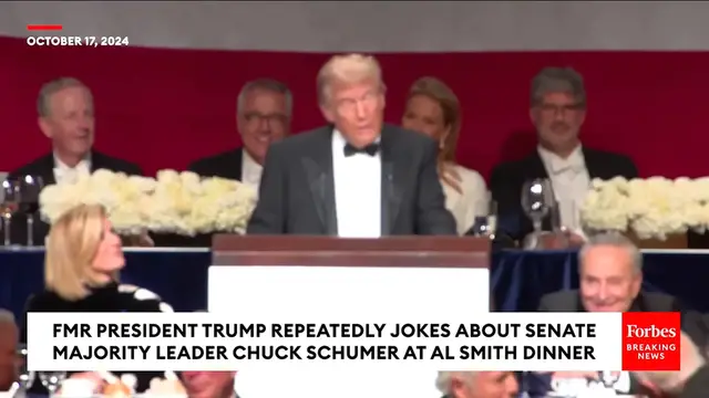Video thumbnail for Trump Accuses Chuck Schumer—Who s Sitting Right Next To Him—Of Forcing Biden Out _ Al Smith Dinner