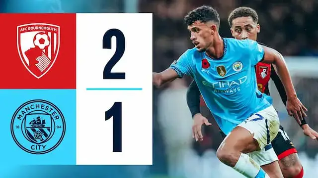 'Video thumbnail for HIGHLIGHTS! | Bournemouth 2-1 Man City | Club record unbeaten run ends in defeat at Bournemouth'