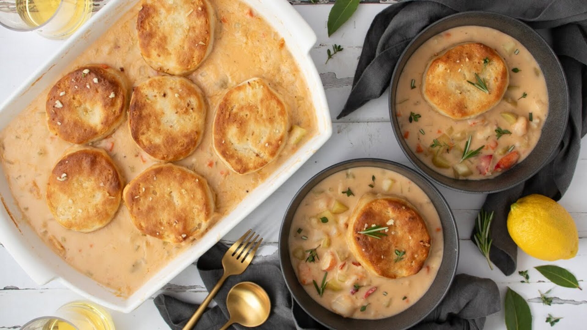 Video thumbnail for Creamy Lobster Pot Pie With Garlic Biscuit Crust Recipe