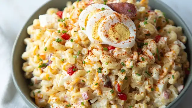 'Video thumbnail for "Loaded" Deviled Egg Pasta Salad Recipe'