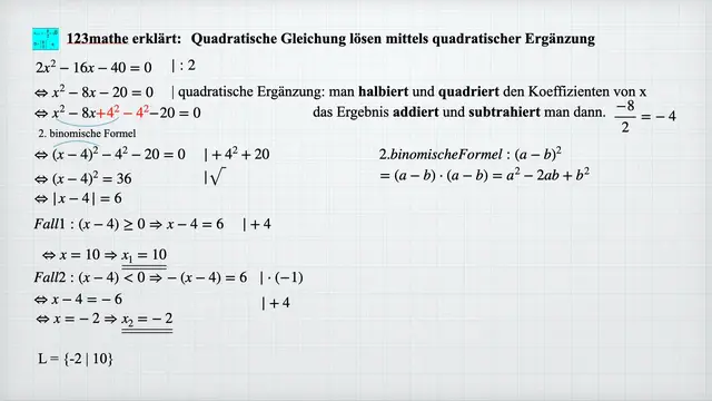 Video thumbnail for Quadratische Ergänzung, quadratische Gleichung lösen