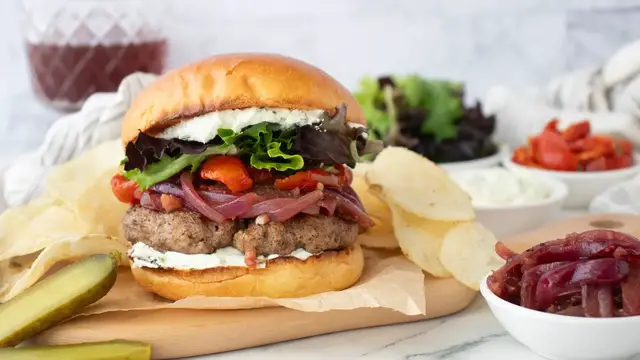Video thumbnail for Juicy Lamb Burgers With Red Wine Onions And Goat Cheese Recipe