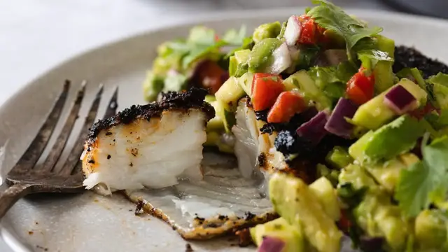 'Video thumbnail for Blackened Halibut With Mango-Avocado Relish Recipe'
