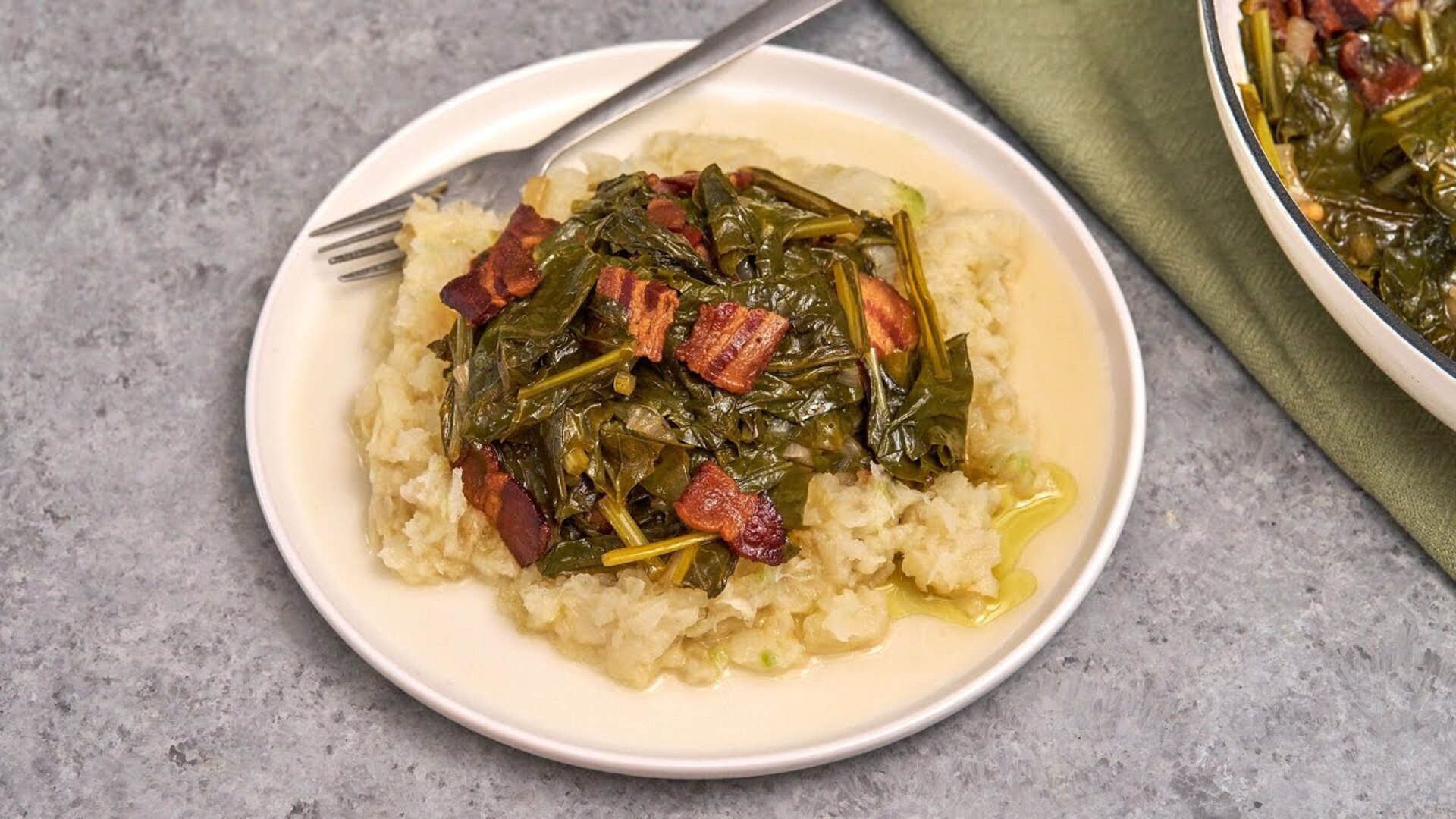 Video thumbnail for No-Waste Bacon-Y Turnip Greens And Mash Recipe