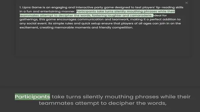 'Video thumbnail for 1. Lipns Game is an engaging and interactive party game designed to test players' lip-reading skills in a fun and entertaining manner. Participants take turns silently mouthing phrases while their teammates attempt to decipher the words,'