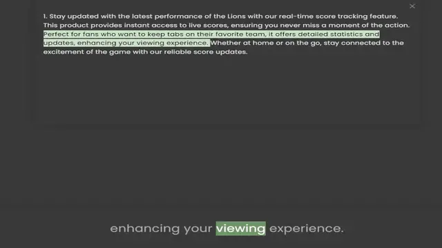 'Video thumbnail for 1. Stay updated with the latest performance of the Lions with our real-time score tracking feature. This product provides instant access to live scores, ensuring you never miss a moment of the action. Perfect for fans who want to keep tab'