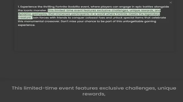 Video thumbnail for 1. Experience the thrilling Fortnite Godzilla event, where players can engage in epic battles alongside the iconic monster. This limited-time event features exclusive challenges, unique rewards, and dynamic gameplay that immerses particip