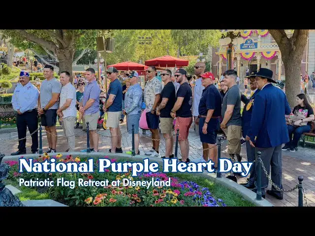 'Video thumbnail for National Purple Heart Day Patriotic Flag Retreat at Disneyland | Disneyland Resort 2025 4K'