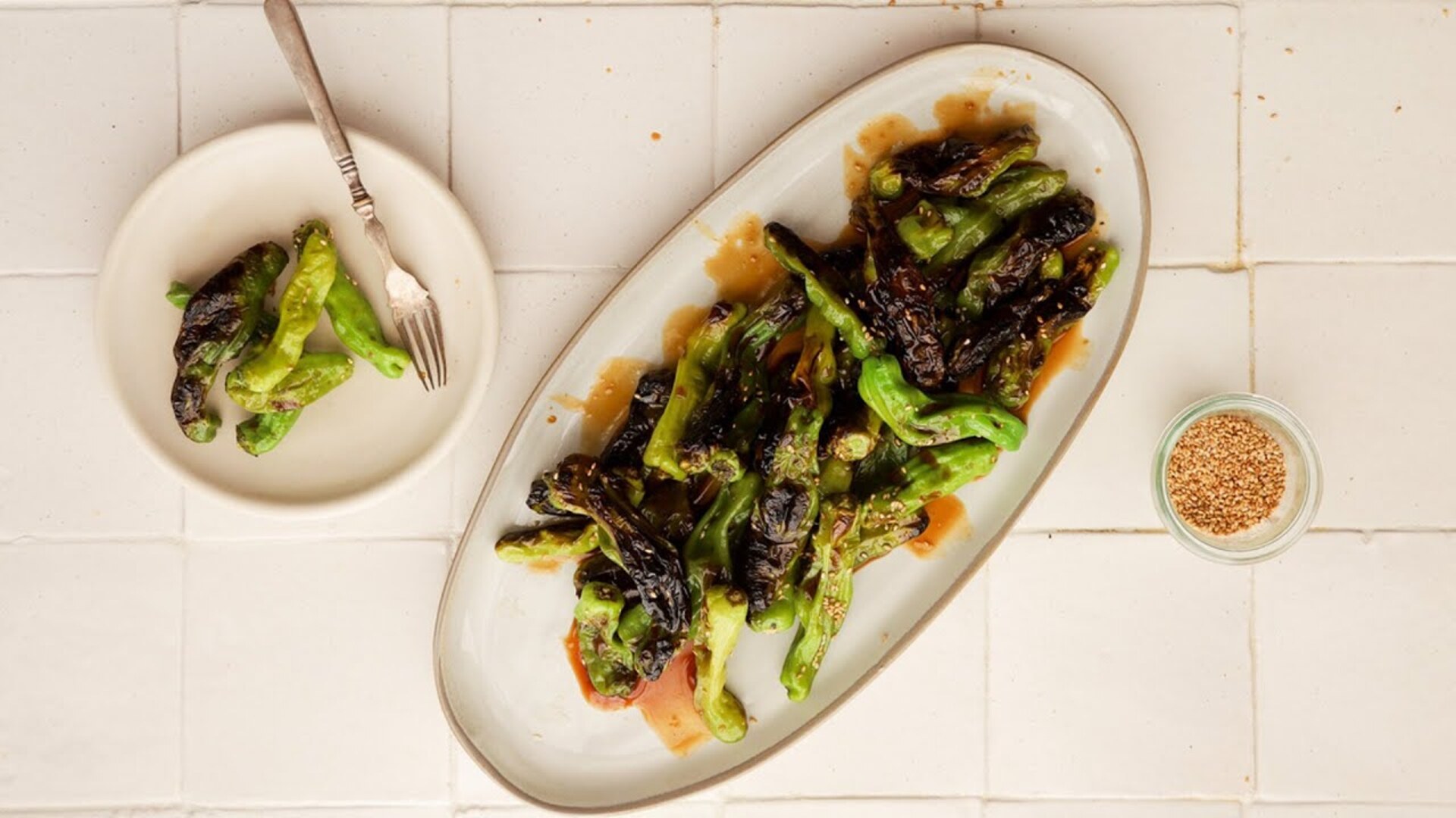 Video thumbnail for Grilled Teriyaki Shishito Peppers Recipe