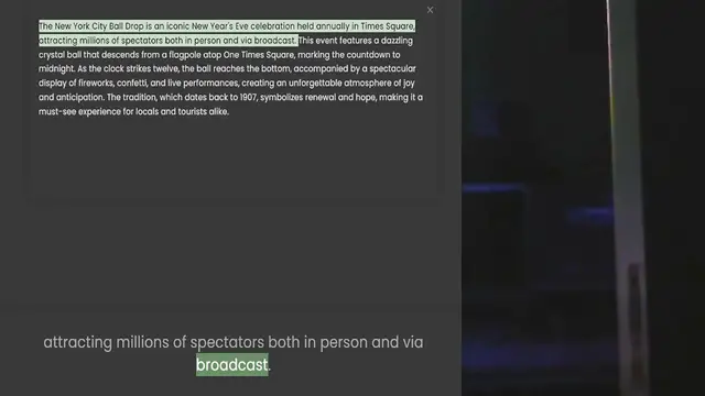 Video thumbnail for The New York City Ball Drop is an iconic New Year's Eve celebration held annually in Times Square, attracting millions of spectators both in person and via broadcast. This event features a dazzling crystal ball that descends from a flagpo