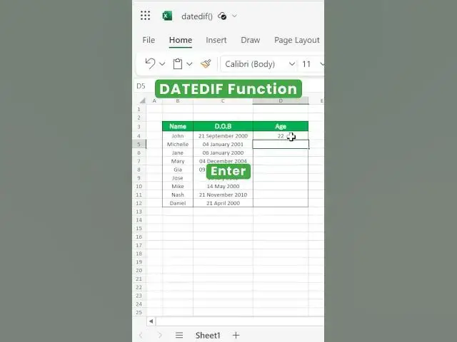 Video thumbnail for How to calculate Age in Excel? (DATEDIF function) | Calculate age from Date of Birth #shorts #excel