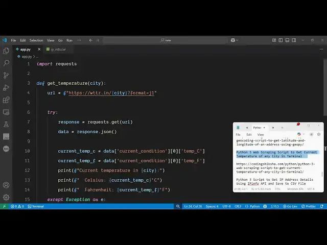 Video thumbnail for Python 3 Web Scraping Script to Get Current Temperature of any City in Terminal