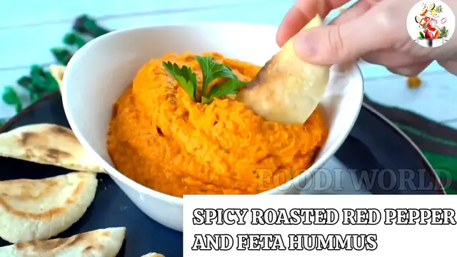 'Video thumbnail for GREEK Delicious And Spicy roasted red pepper and feta hummus'