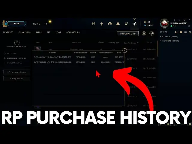 Video thumbnail for How to Check RP Purchase History in League of Legends - Riot Points History Orders #lolguide