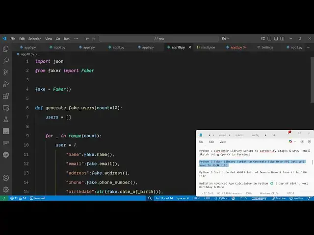 Video thumbnail for Python 3 Faker Library Script to Generate Fake User API Data and Save to JSON File