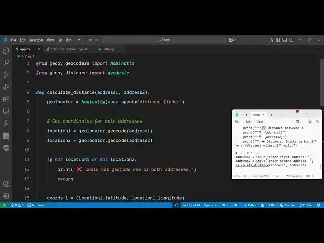Video thumbnail for Python 3 Geocoding Script to Calculate Distance Between Two Locations Using Geopy in Terminal
