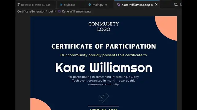 Video thumbnail for Python Reportlab & Pillow Script to Generate Bulk Certificates as PNG Image & PDF With Custom Fonts