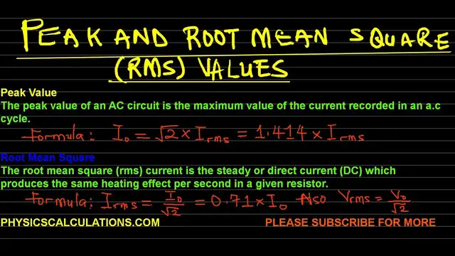 Video thumbnail for ROOT MEAN SQUARE AND PEAK CURRENT VALUES: DEFINITIONS, FORMULA, AND CALCULATIONS
