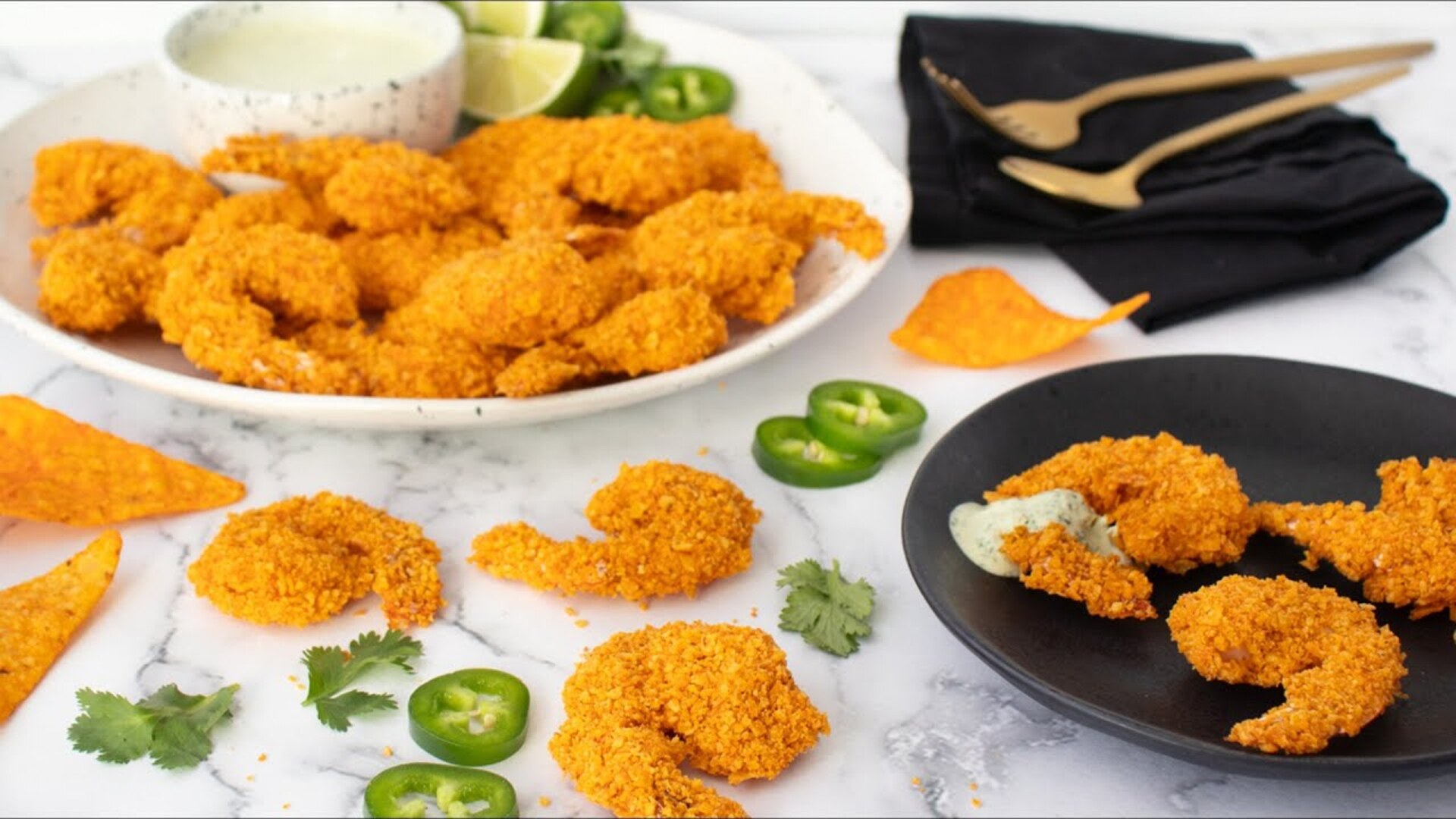 Video thumbnail for Dorito-Dusted Shrimp With Jalapeño Dipping Sauce Recipe