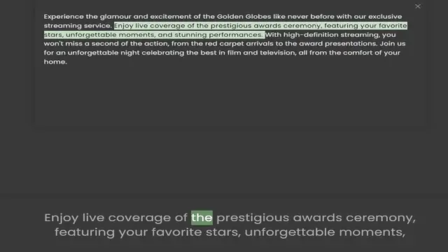Video thumbnail for streaming service. Enjoy live coverage of the prestigious awards ceremony, featuring your favorite stars, unforgettable moments, and stunning performances. With high-definition streaming, you won't miss a second of the action, from the re