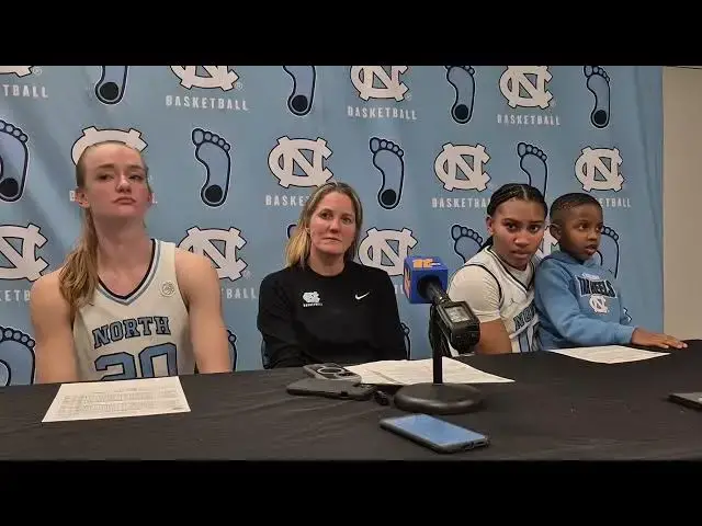 'Video thumbnail for #UNC coach Courtney Banghart and players Lexi Donarski and Reniya Kelly after win over Va. Tech'