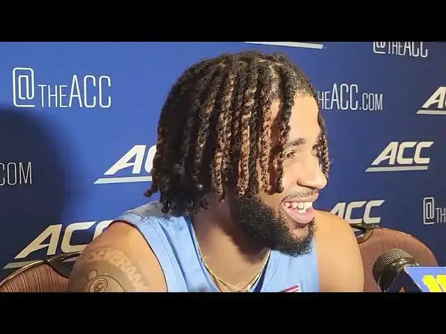 'Video thumbnail for #UNC coach Hubert Davis, players RJ Davis and Seth Trimble in breakout room videos at #ACCTipoff'