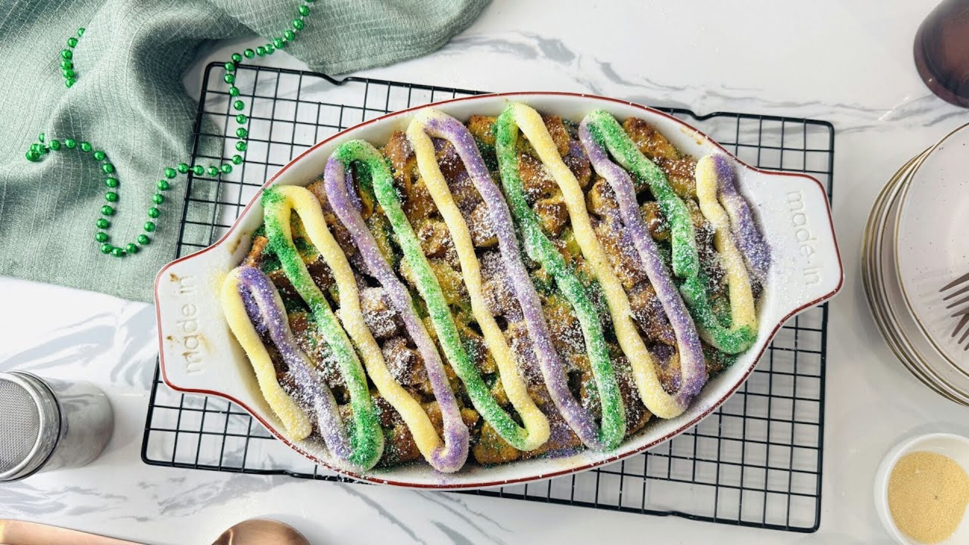 Video thumbnail for Mardi Gras King Cake-Inspired Bread Pudding Recipe