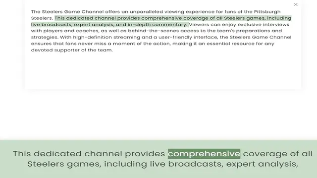 Video thumbnail for Steelers. This dedicated channel provides comprehensive coverage of all Steelers games, including live broadcasts, expert analysis, and in-depth commentary. Viewers can enjoy exclusive interviews with players and coaches, as well as behin