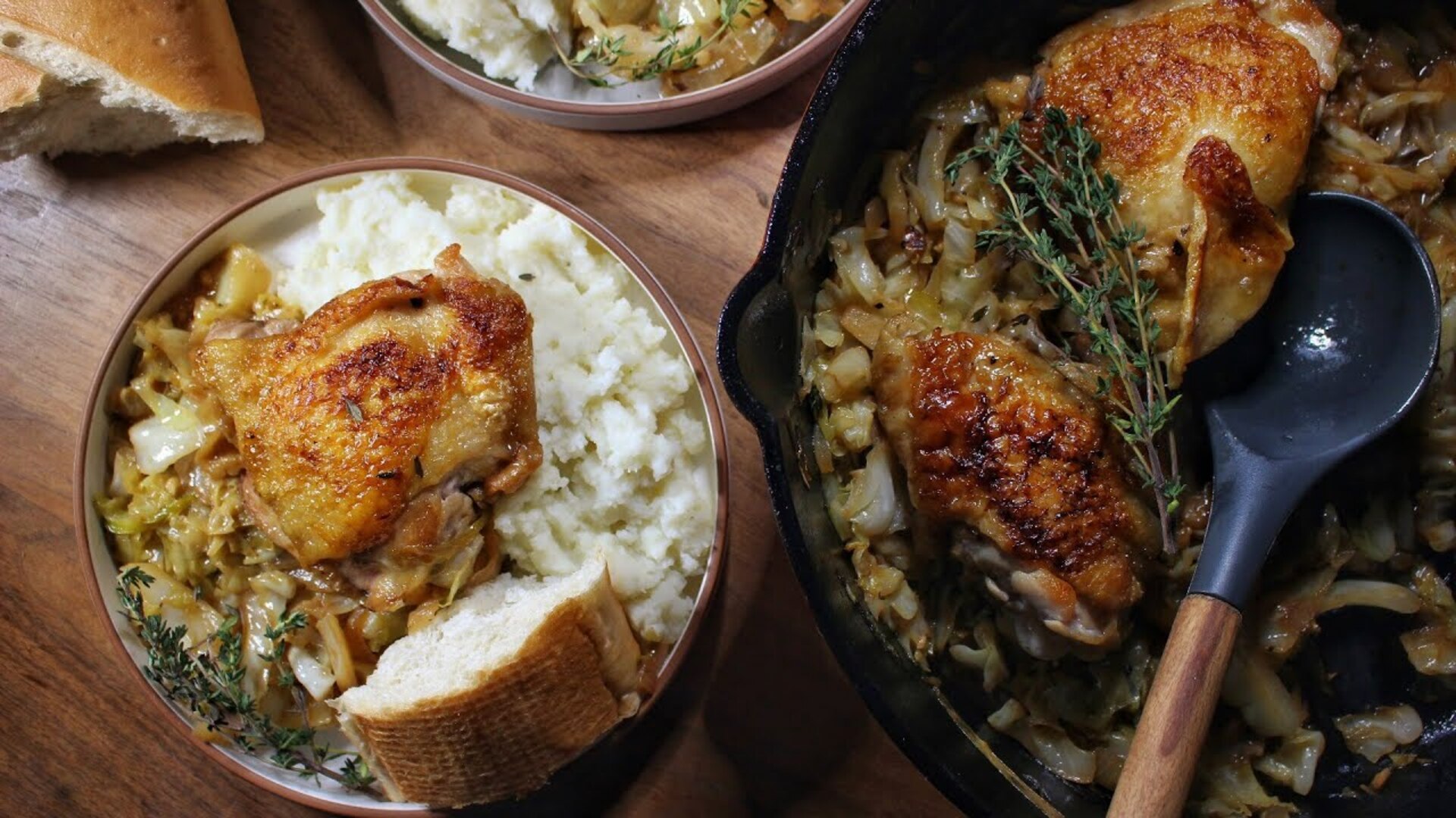 Video thumbnail for Cider-Braised Chicken With Cabbage And Thyme Recipe