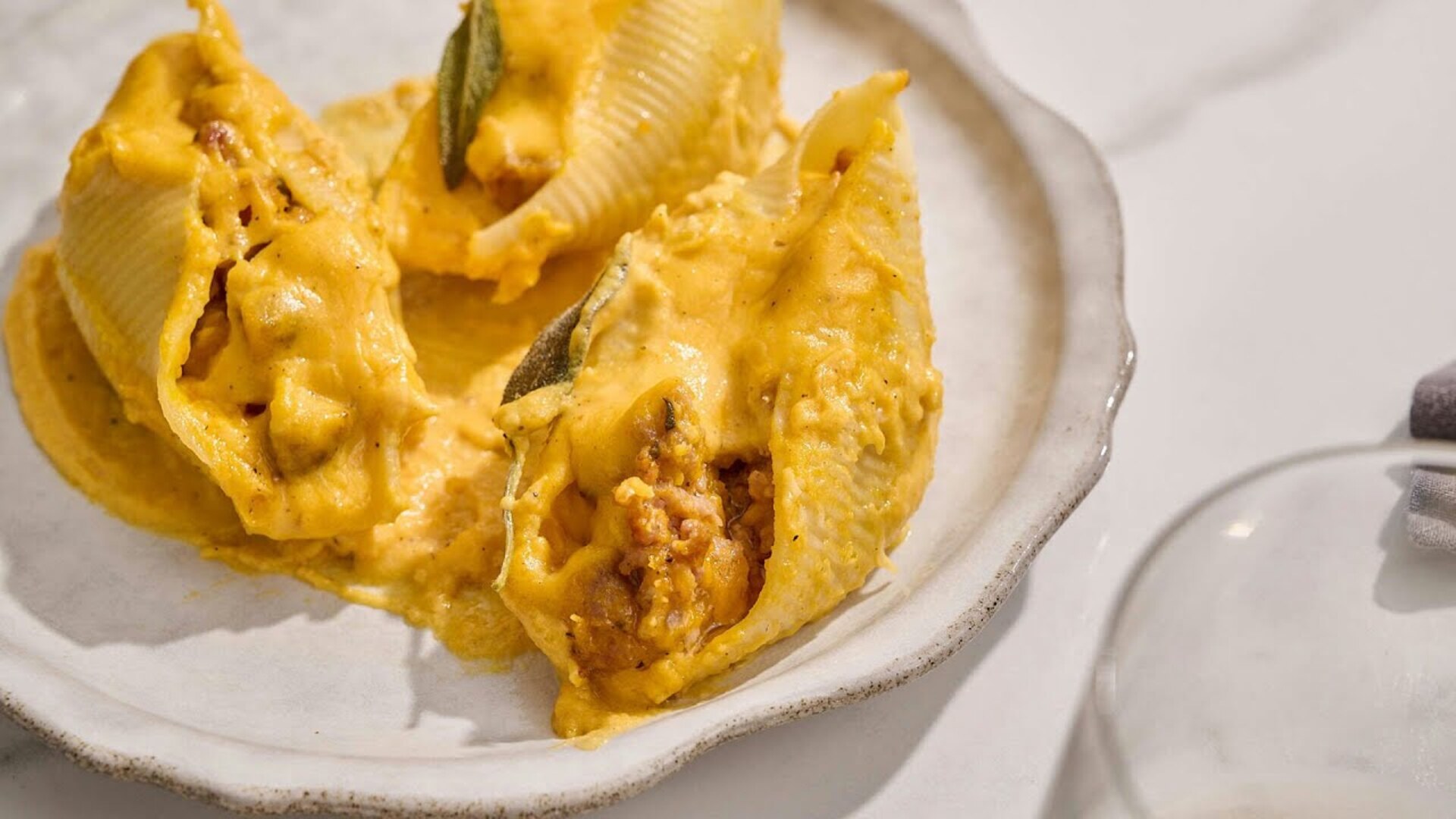 Video thumbnail for Butternut Squash And Cheese-Stuffed Shells Recipe