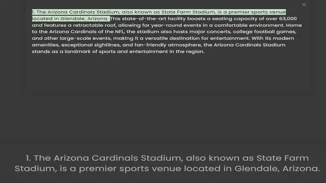 Video thumbnail for located in Glendale, Arizona. This state-of-the-art facility boasts a seating capacity of over 63,000 and features a retractable roof, allowing for year-round events in a comfortable environment. Home to the Arizona Cardinals of the N