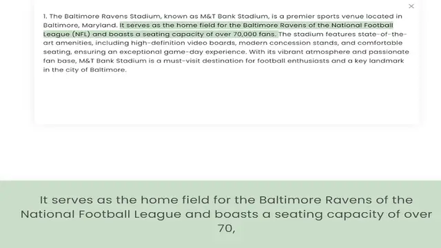 Video thumbnail for Baltimore, Maryland. It serves as the home field for the Baltimore Ravens of the National Football League (NFL) and boasts a seating capacity of over 70,000 fans. The stadium features state-of-the-art amenities, including high-definition
