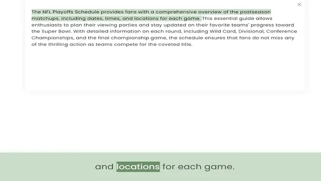 Video thumbnail for matchups, including dates, times, and locations for each game. This essential guide allows enthusiasts to plan their viewing parties and stay updated on their favorite teams' progress toward the Super Bowl. With detailed information on ea