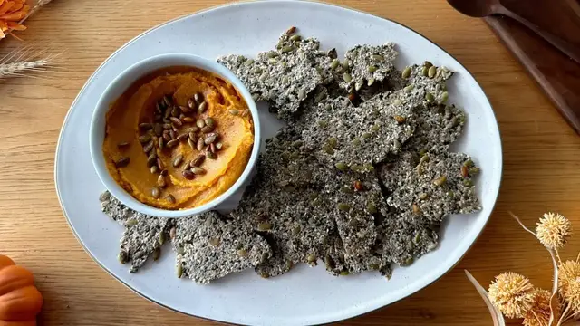 Video thumbnail for Gluten-Free Pumpkin Seed Crackers And Pumpkin Hummus Recipe