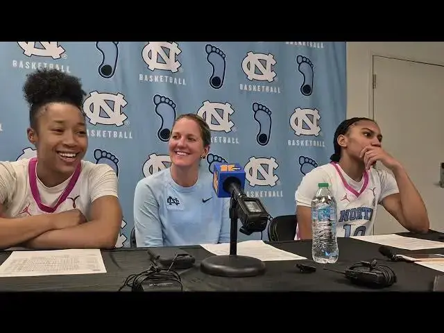 'Video thumbnail for UNC guards Grace Townsend and Reniya Kelly and Coach Courtney Banghart after win over N.C. State'