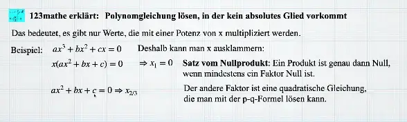 Video thumbnail for Polynomgleichung lösen, die kein absolutes Glied enthält