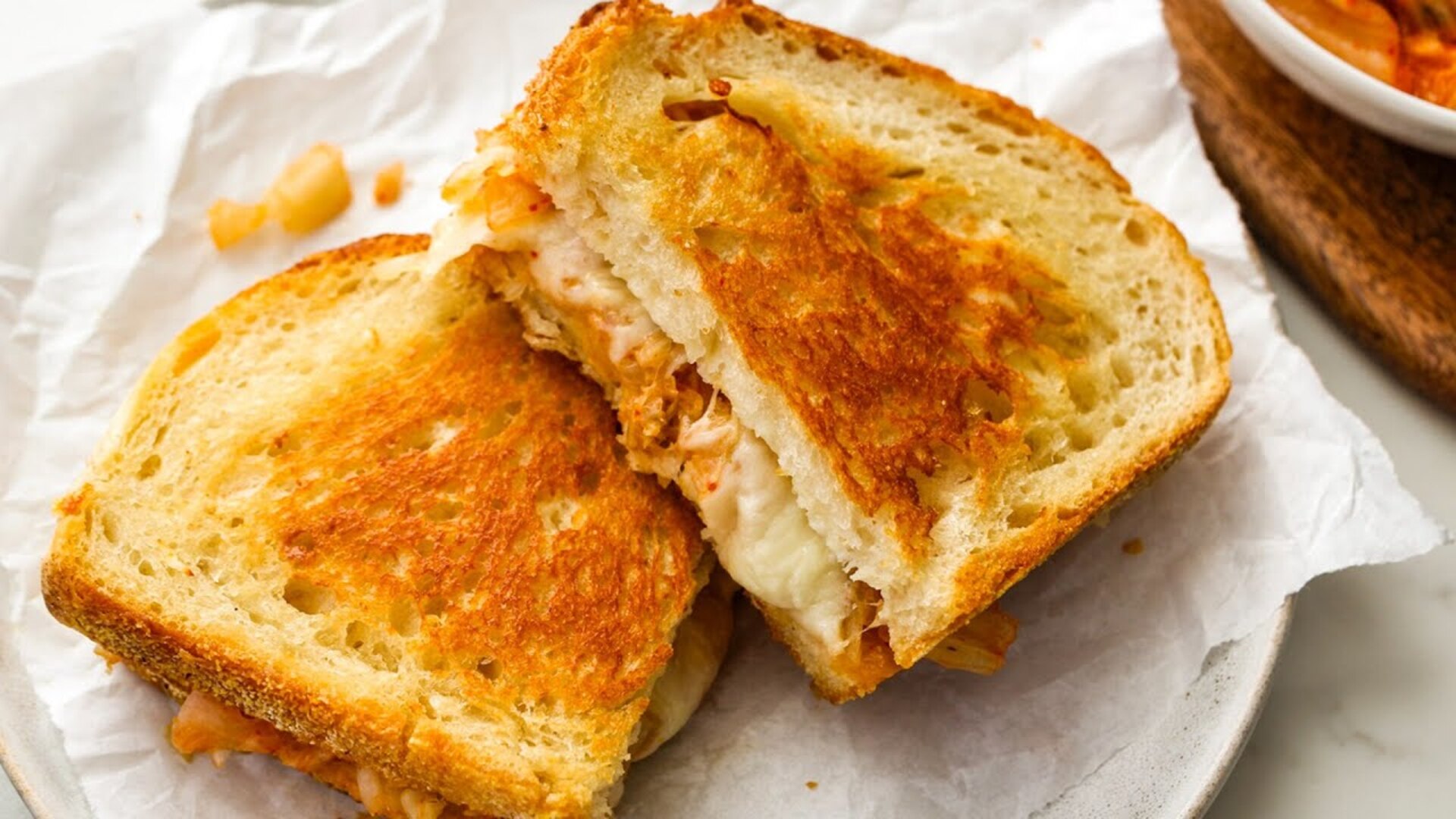 Video thumbnail for Oozy Kimchi Grilled Cheese Recipe