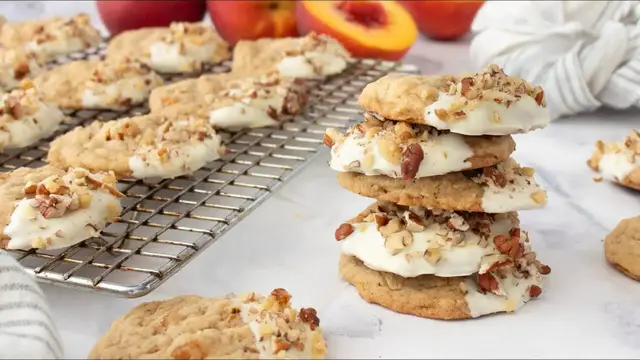 Video thumbnail for White Chocolate-Dipped Peach Oatmeal Cookies Recipe