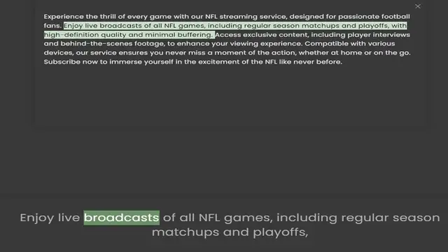 Video thumbnail for fans. Enjoy live broadcasts of all NFL games, including regular season matchups and playoffs, with high-definition quality and minimal buffering. Access exclusive content, including player interviews and behind-the-scenes footage, to enha