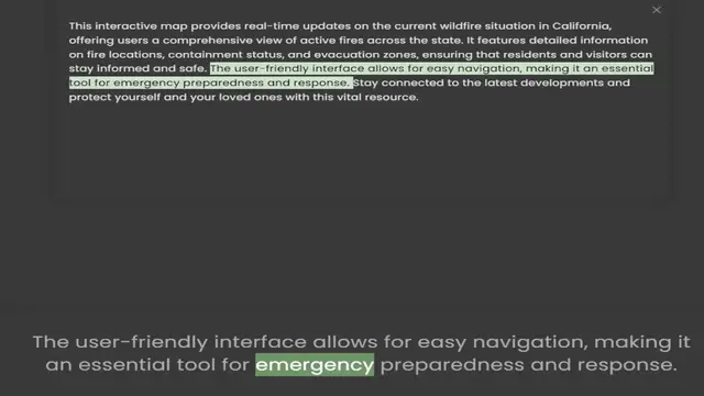 Video thumbnail for offering users a comprehensive view of active fires across the state. It features detailed information on fire locations, containment status, and evacuation zones, ensuring that residents and visitors can stay informed and safe. The user-