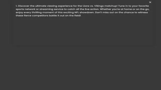Video thumbnail for sports network or streaming service to catch all the live action. Whether you're at home or on the go, enjoy every thrilling moment of this exciting NFL showdown. Don't miss out on the chance to witness these fierce competit