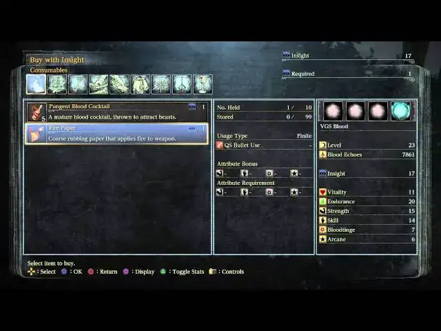 Video thumbnail for Bloodborne - Hunter's Dream: You Can Buy Fire Paper with 1 Insight via Upper Bath Messengers PS4