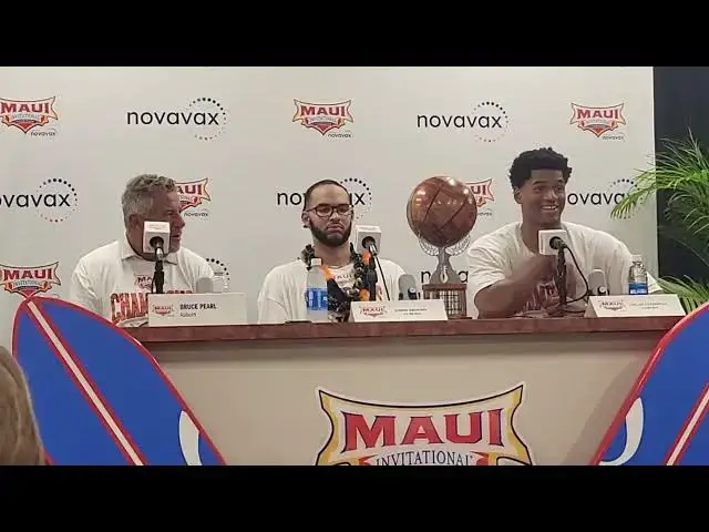 'Video thumbnail for Video: #Auburn coach Bruce Pearl, centers Johni Broome & Dylan Cardwell after winning #Maui title.'