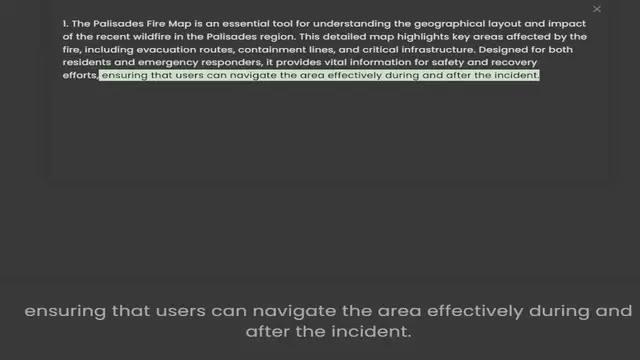 Video thumbnail for of the recent wildfire in the Palisades region. This detailed map highlights key areas affected by the fire, including evacuation routes, containment lines, and critical infrastructure. Designed for both residents and emergency responders