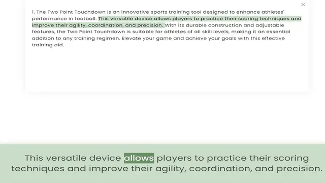 Video thumbnail for performance in football. This versatile device allows players to practice their scoring techniques and improve their agility, coordination, and precision. With its durable construction and adjustable features, the Two Point Touchdown is s