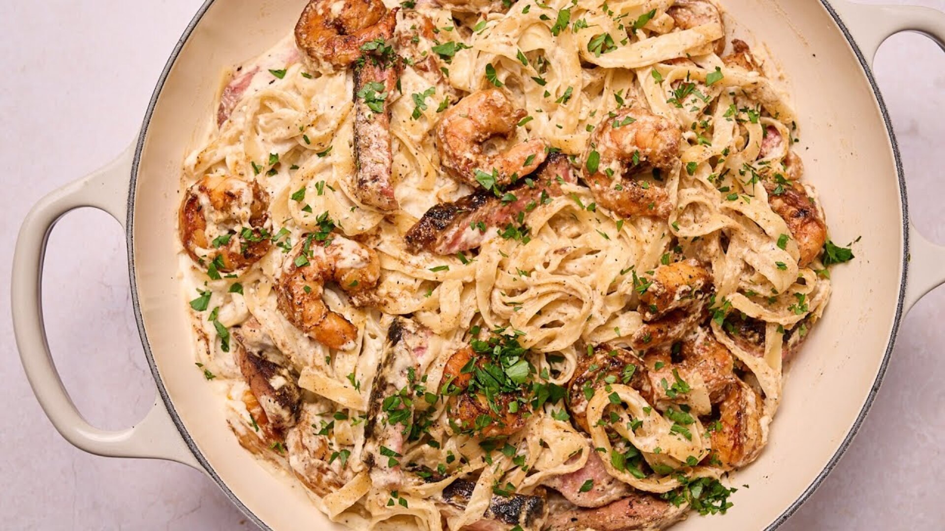 Video thumbnail for Blackened Steak And Shrimp Alfredo Recipe