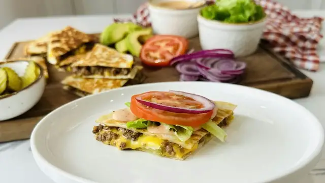'Video thumbnail for Loaded Cheeseburger Quesadillas Recipe'