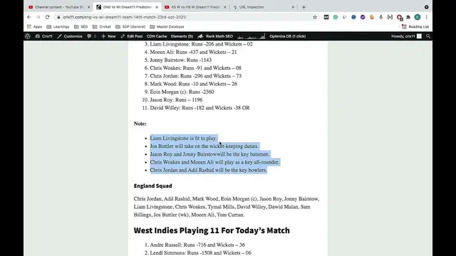 Video thumbnail for ENG vs WI Dream11 Prediction ENG vs WI Dream11 Team ENG vs WI Dream11 14th Match T20 World Cup