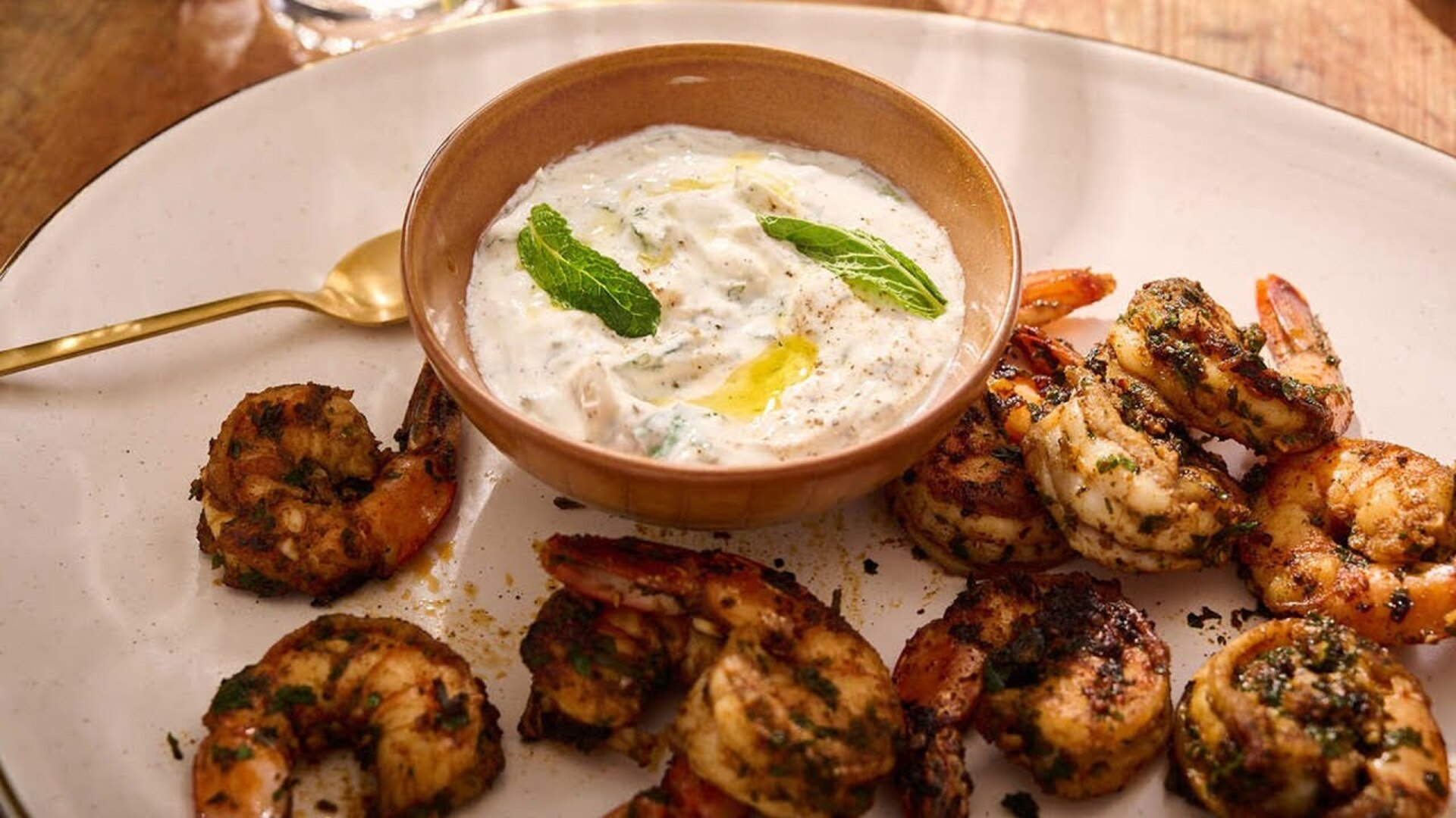 Video thumbnail for Spicy Cookout Shrimp With Mint Yogurt Recipe